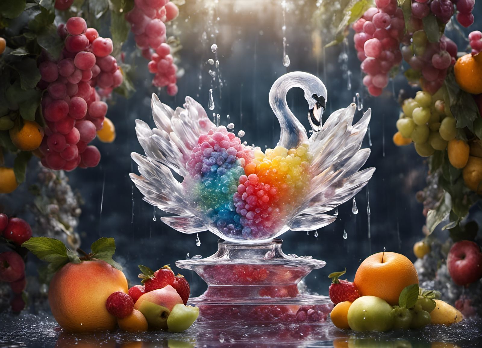 A big Crystal Swan filled with fruit.