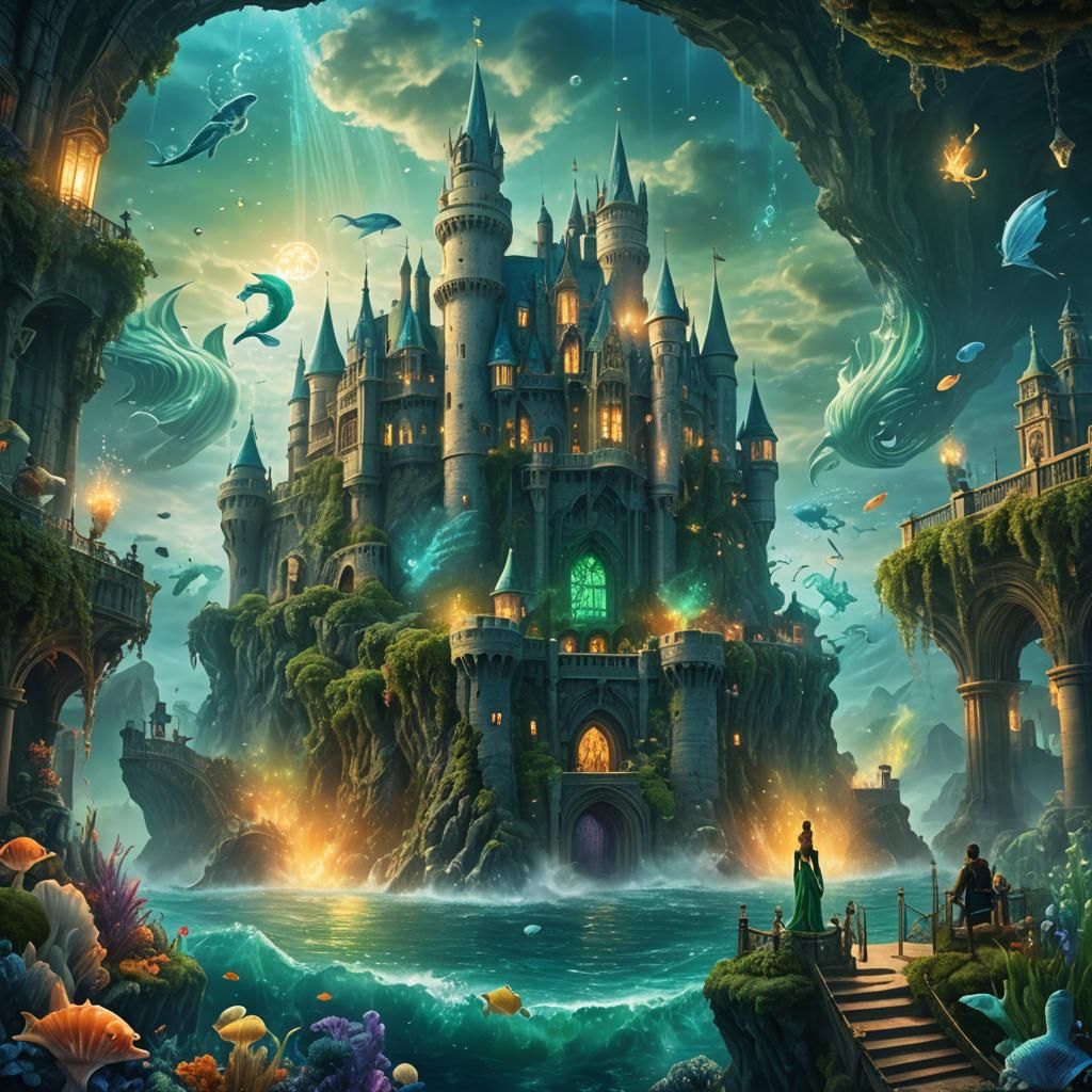 London Castle with Spirits and Mermaids: Fantasy Art
