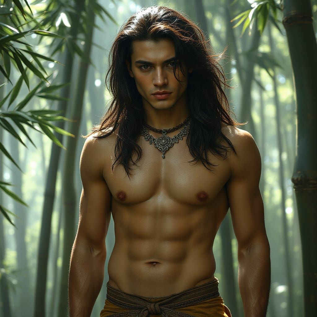 Renaissance Warrior in Misty Bamboo Forest