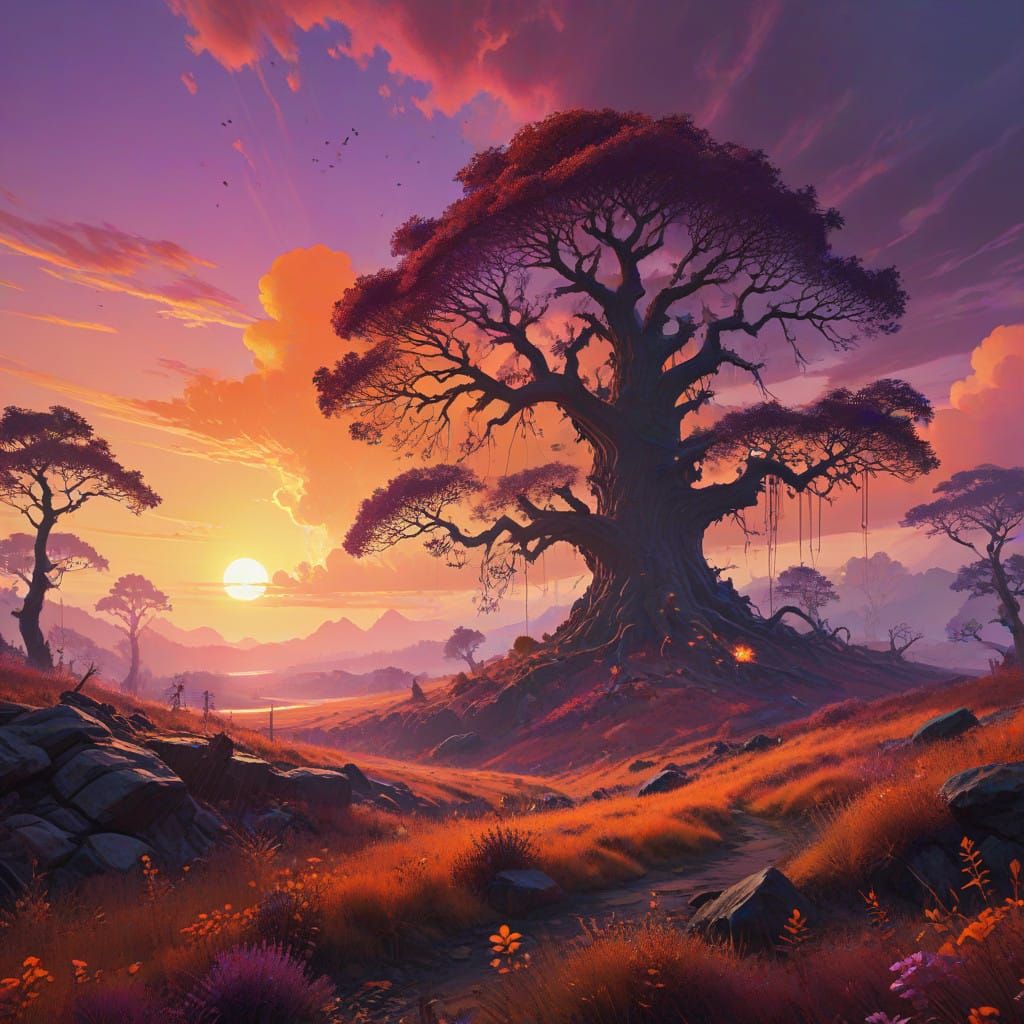 Baroque-Inspired Autumn Sunset Watercolor