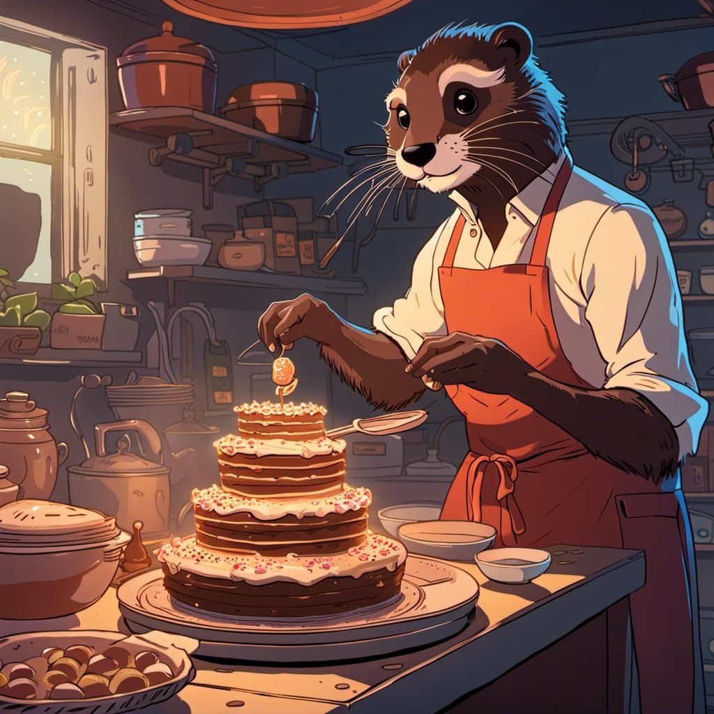 Gordon Ramsey Otter Baking Cake in Anime Style