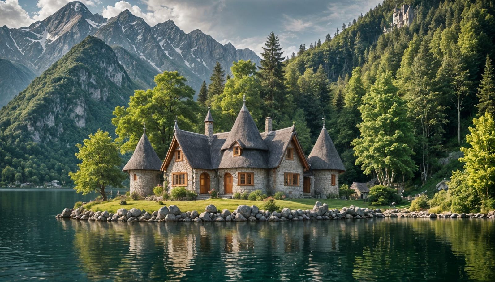 Idyllic Lake Island Cottage with Mountain Backdrop