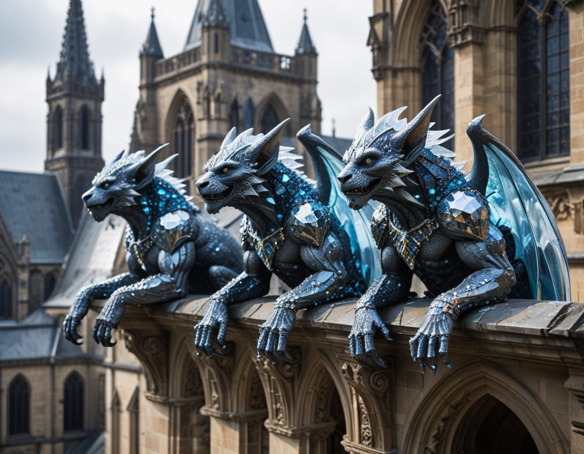 Crystal Gargoyles Perch on Gothic Cathedral Rooftops