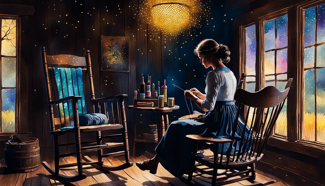 Woman Sewing Silhouette in Watercolor Impasto Style