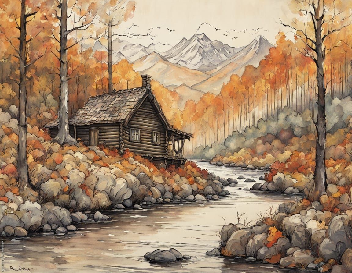 Expressionist Autumn Cabin in a Moody Forest