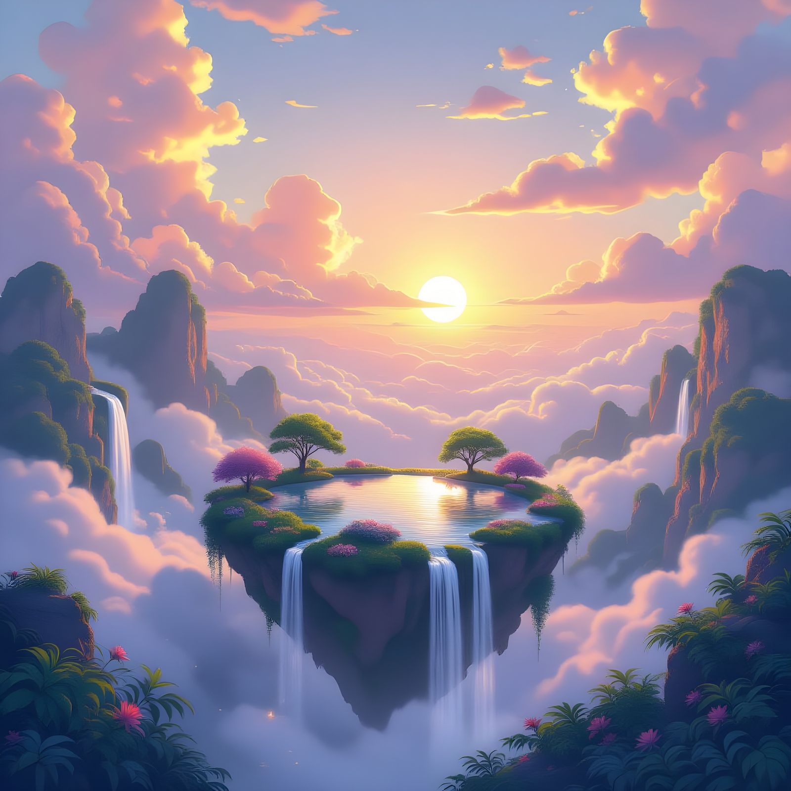 Serene Floating Island Garden at Sunset