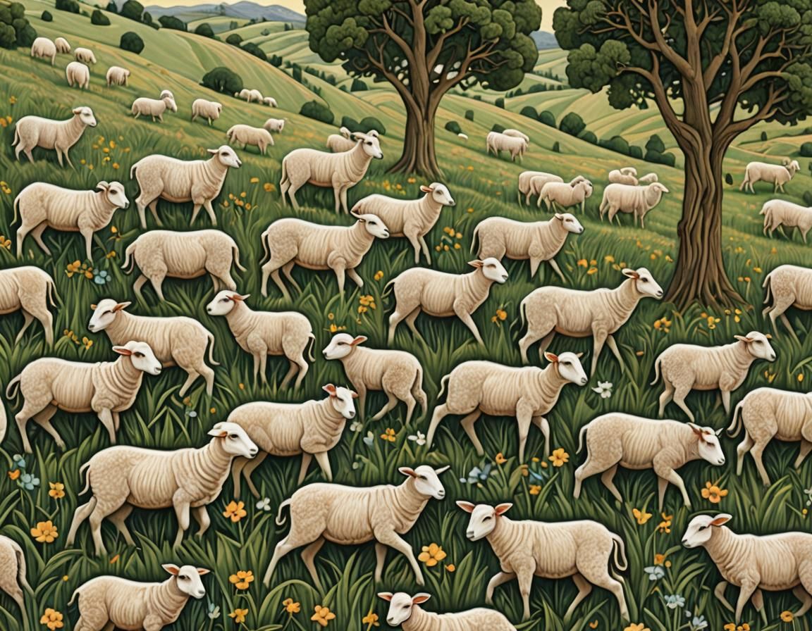 Lambs Grazing: Visionary Art Pasture Scene