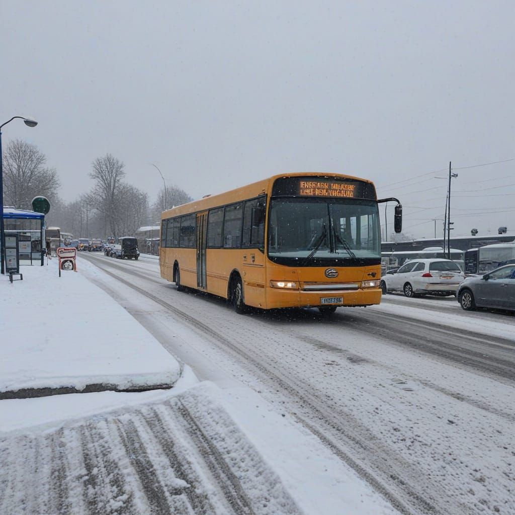 Snow-Covered Bus Station on a Road