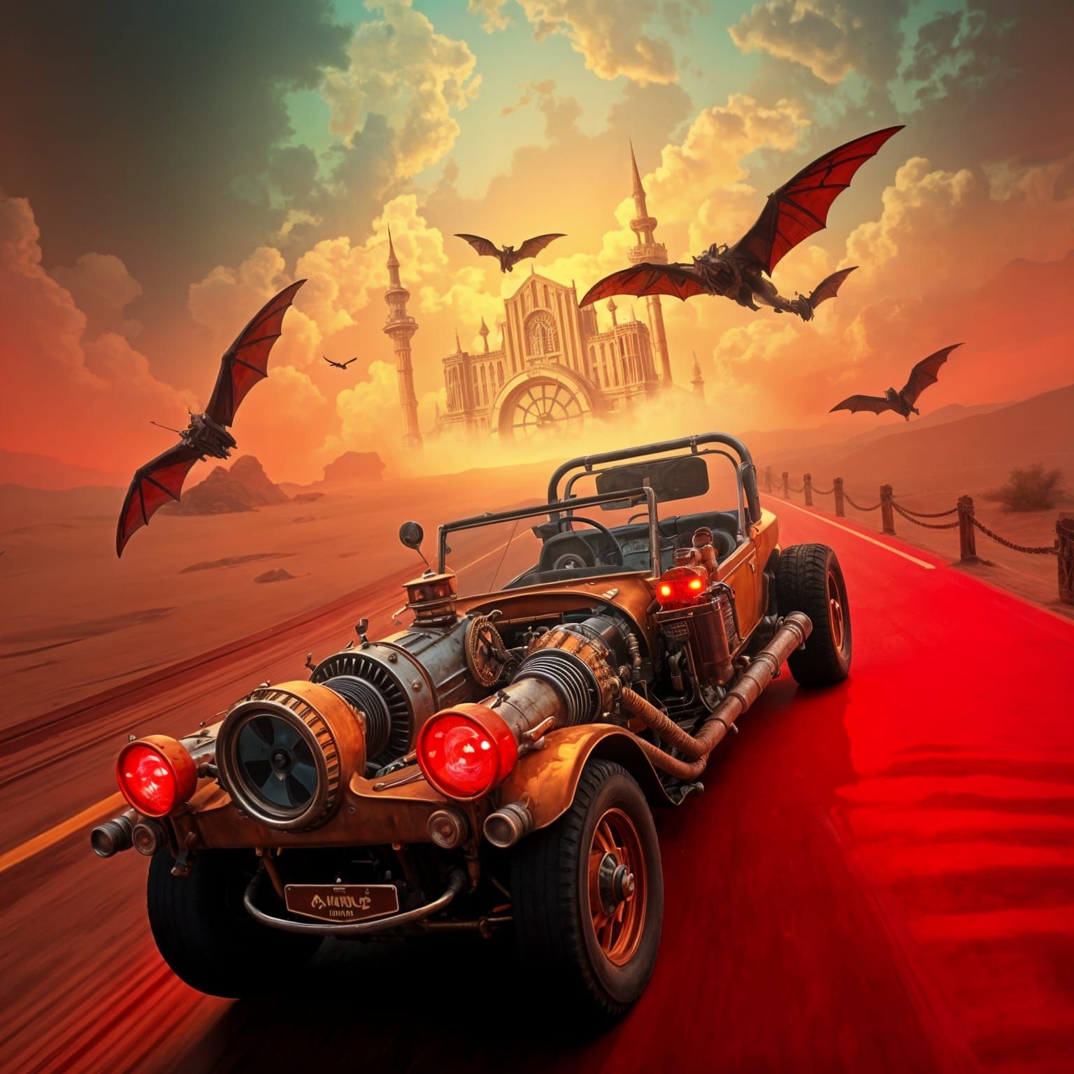 Steampunk Desert Highway With Neon Smog