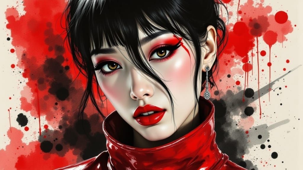 Japanese Woman with Intense Red Makeup, Avant-Garde Artistic...