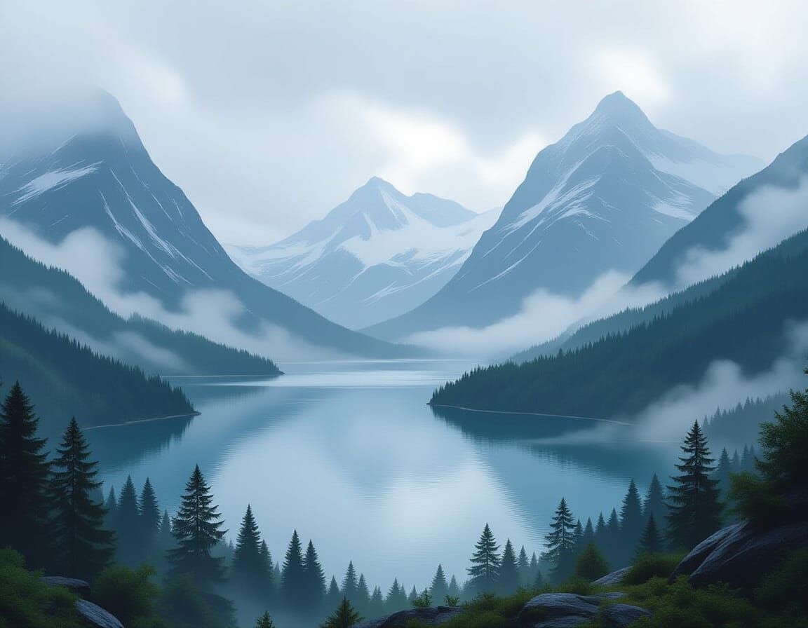 Ethereal Misty Landscape with Mountains and Lakes