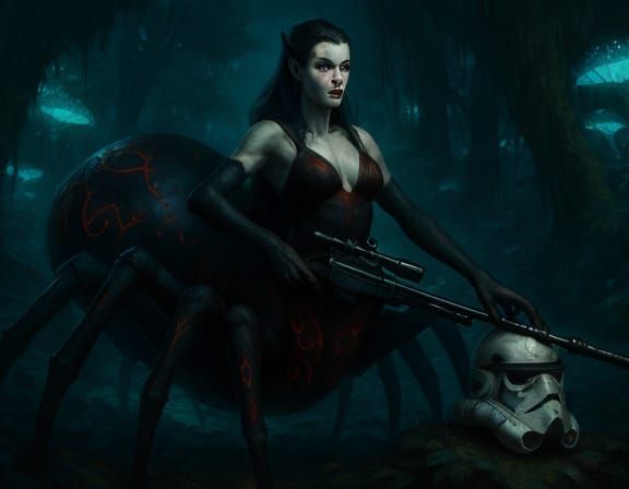 Arachne Warrior in Bioluminescent Jungle, Comic Book Art
