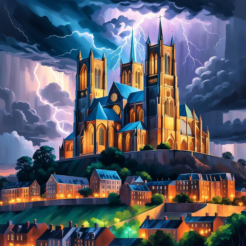 Lincoln Cathedral in Impressionist Stormy Night Painting