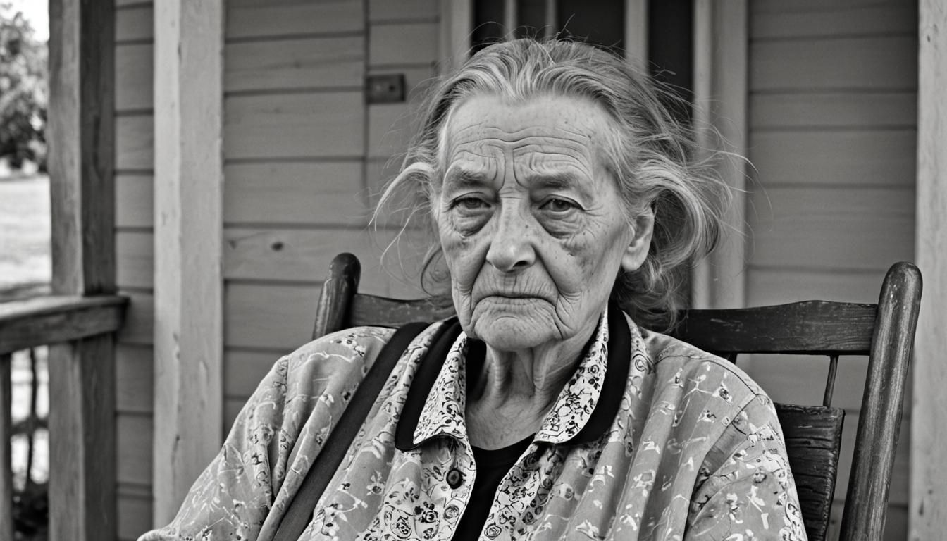 Monochrome Portrait: Elderly Woman on Porch