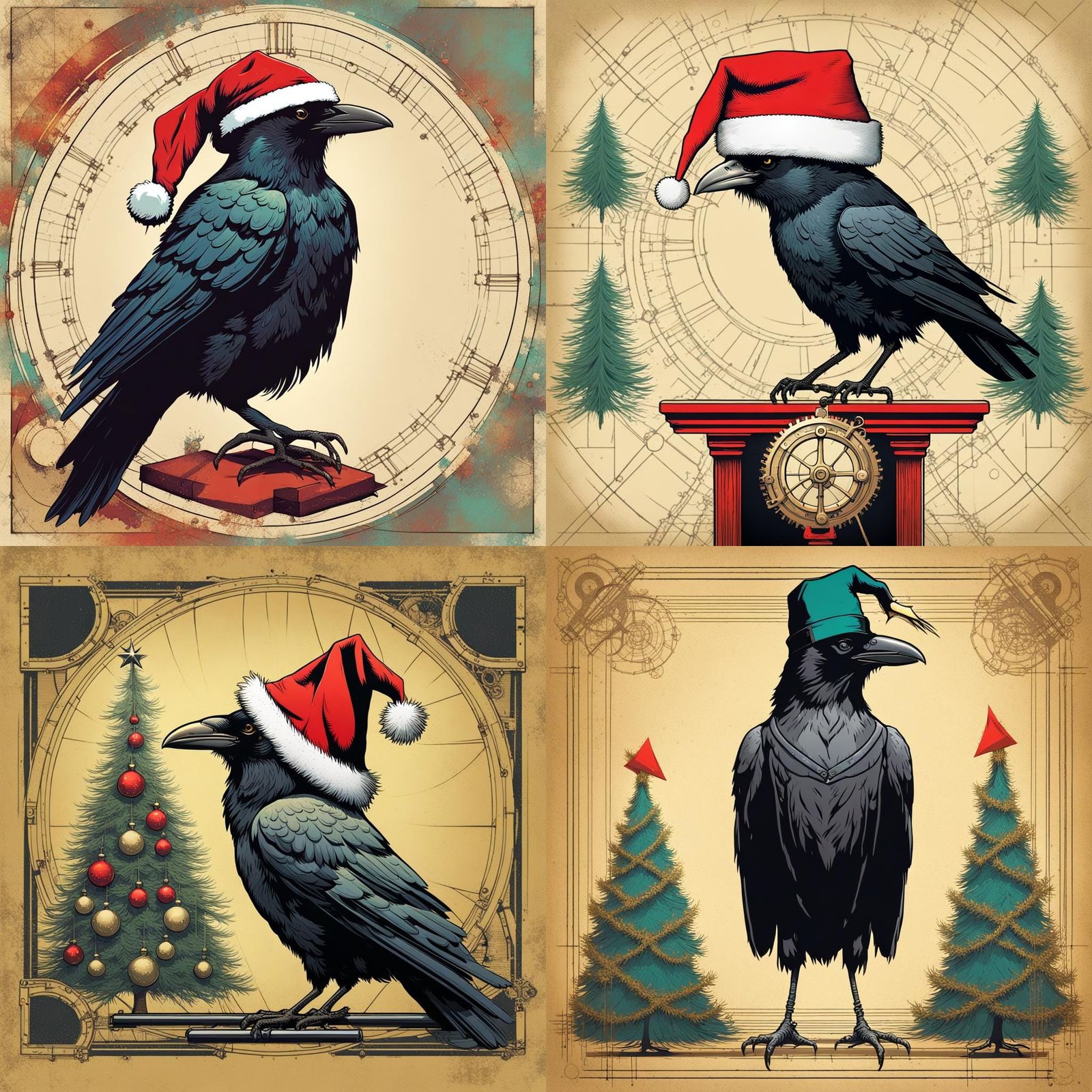 Steampunk Crow in Santa Hat Illustration