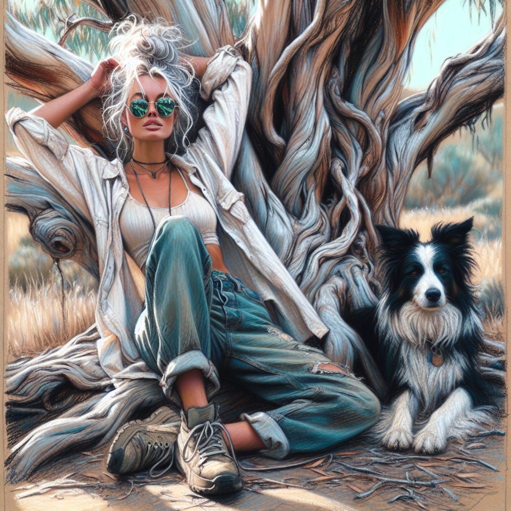 Woman with Dog in Australian Bush, Post-Impressionism Style