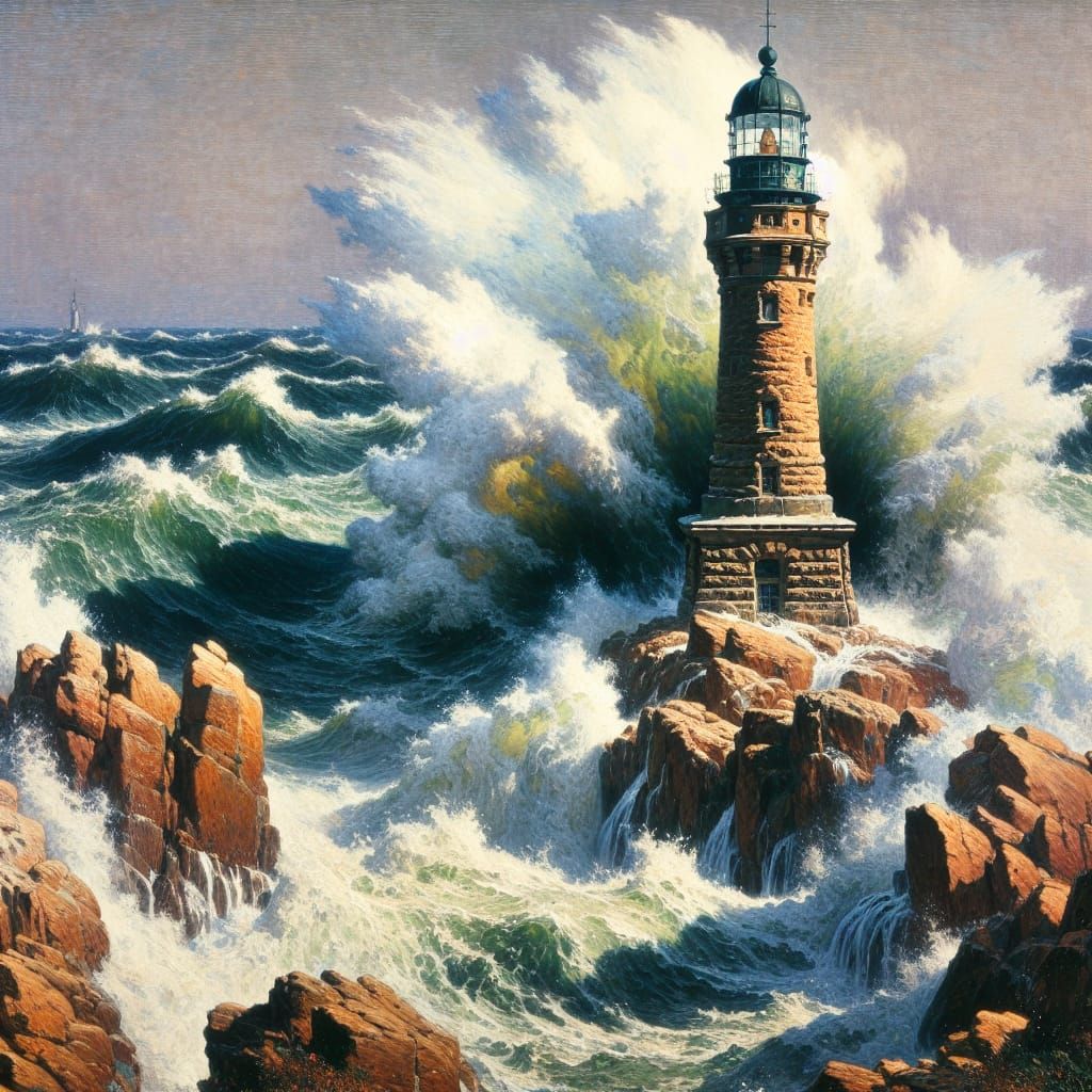 Lighthouse Under Siege: A Gouache-Style Painting