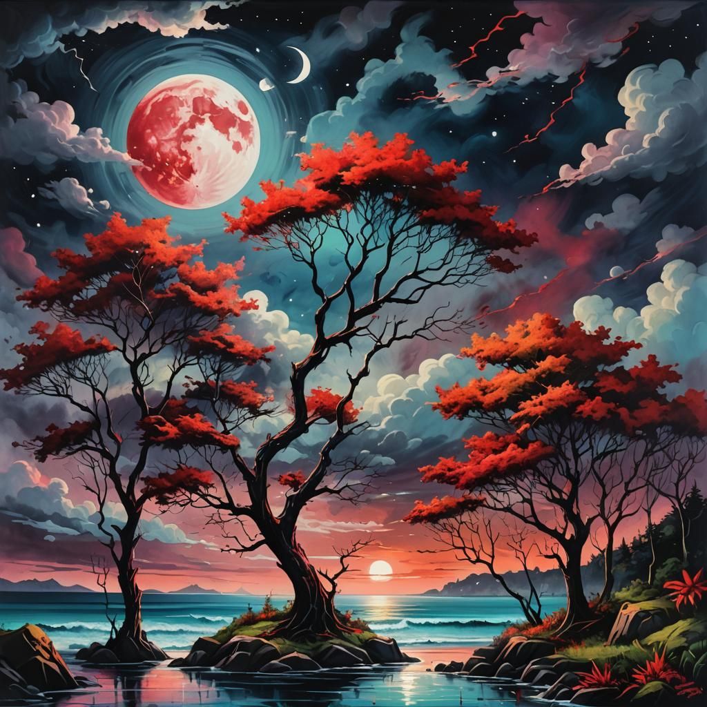 Ocean at Night: Graffiti Art with Red Moon