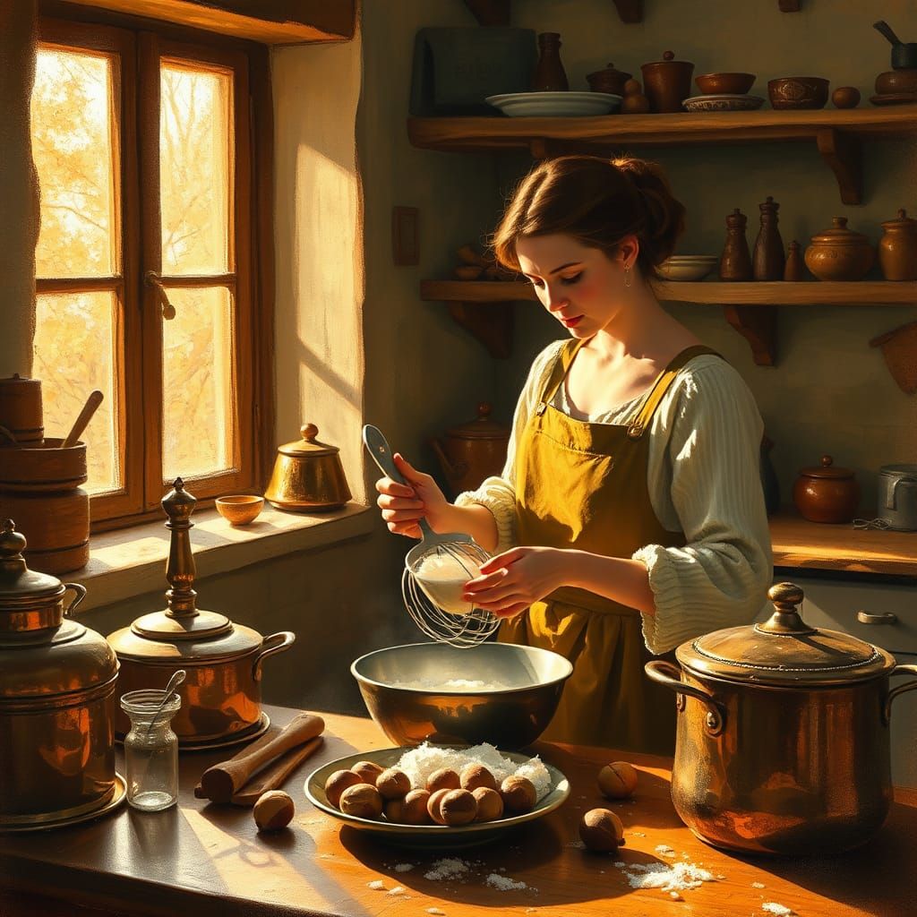 Rustic Kitchen Scene in Post-Impressionist Style