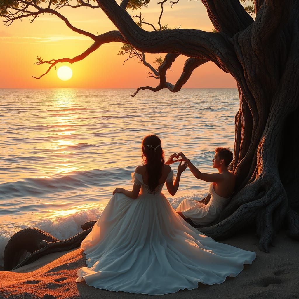 Ethereal Sunset on the Ocean with a Romantic Moment