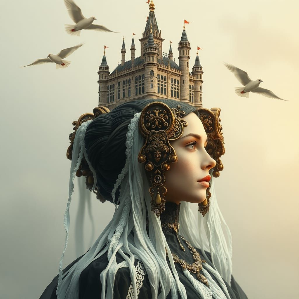 Surreal Woman with Castle Crown and Waterfall