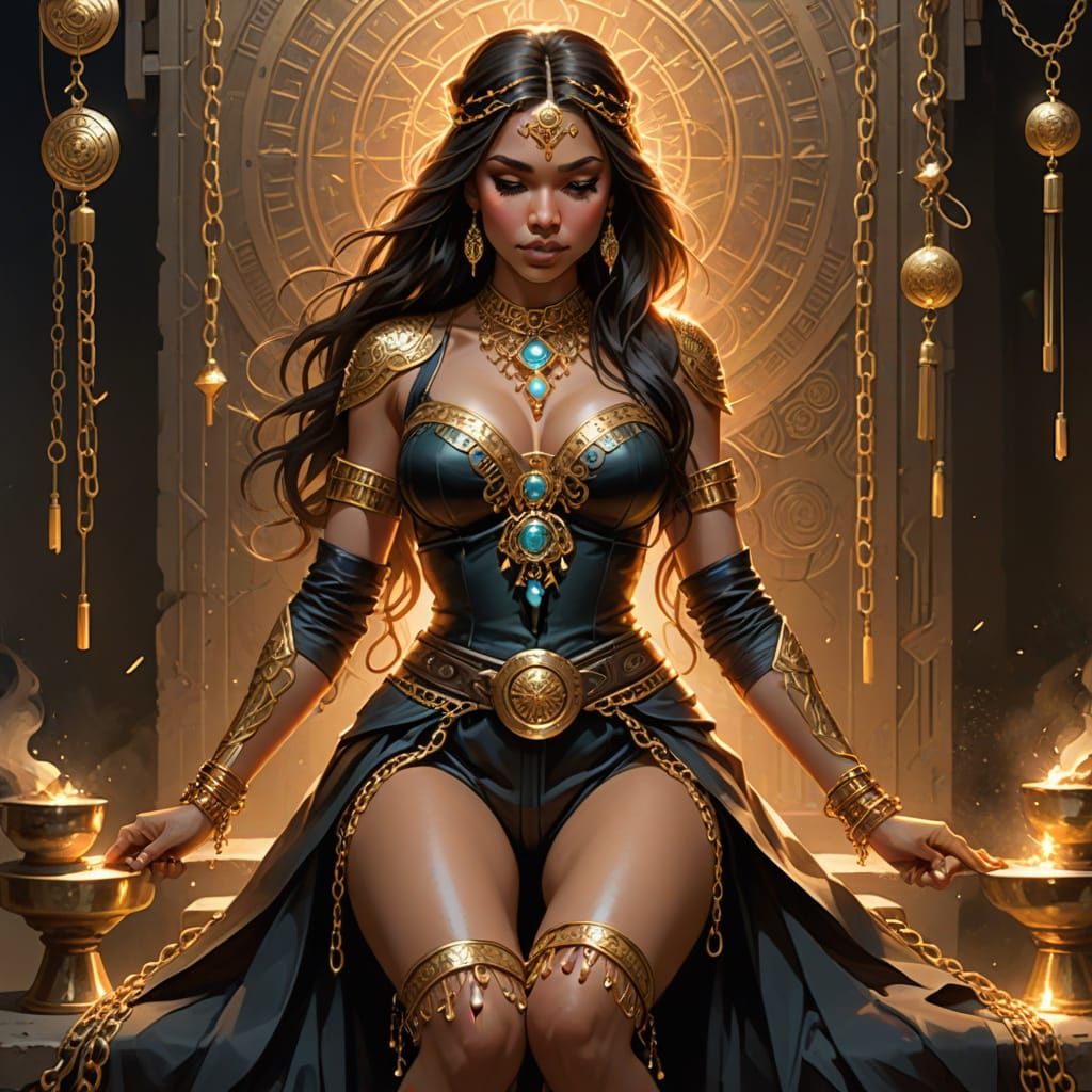 Cyberpunk Figure with Chain Tassels and Neon Accents