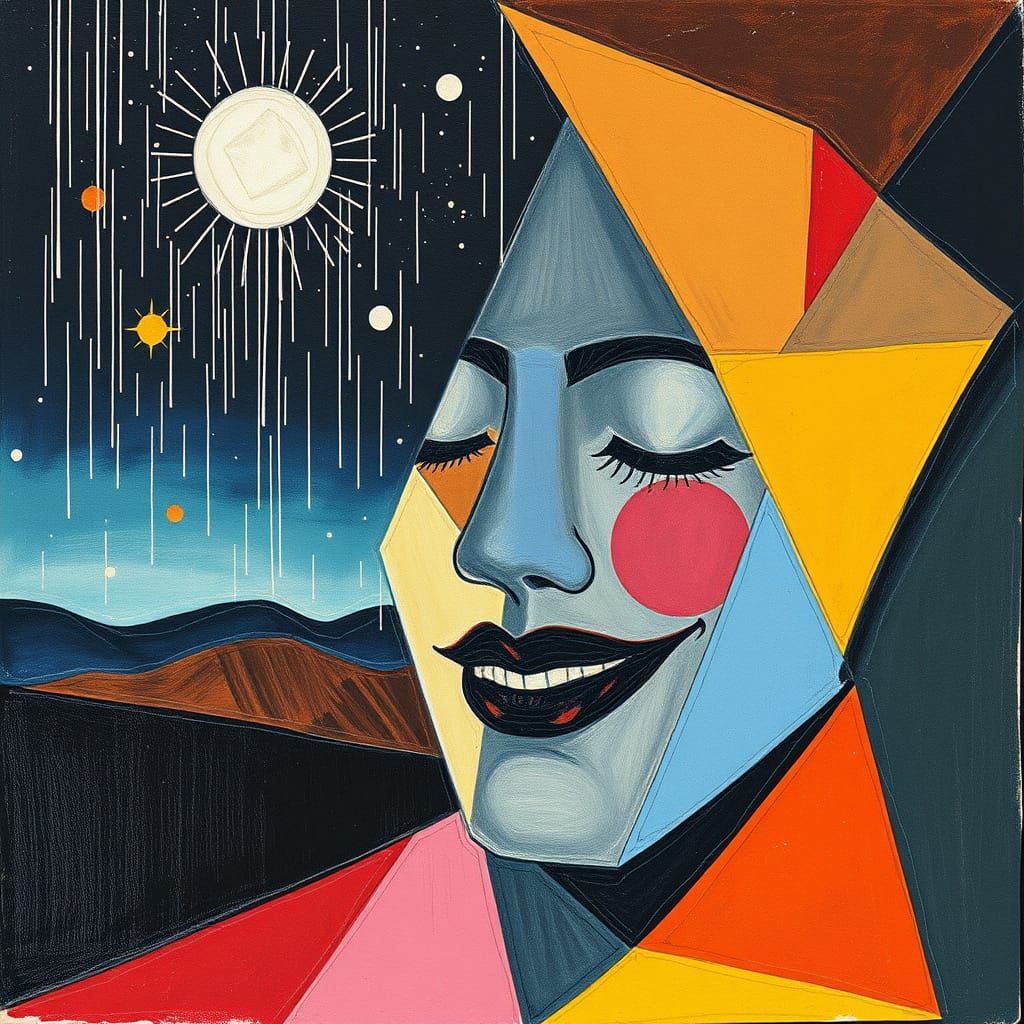 Surreal Cubist Painting of Humans Gazing at a Black Smile