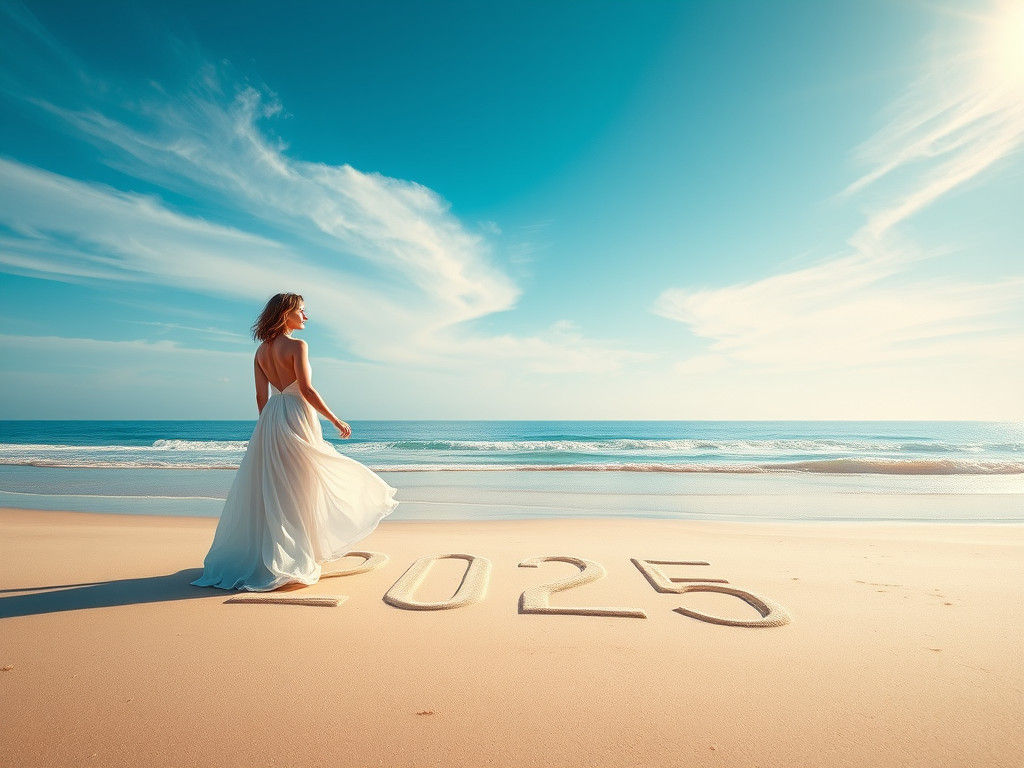 Woman on Beach with '2025' Sand Writing