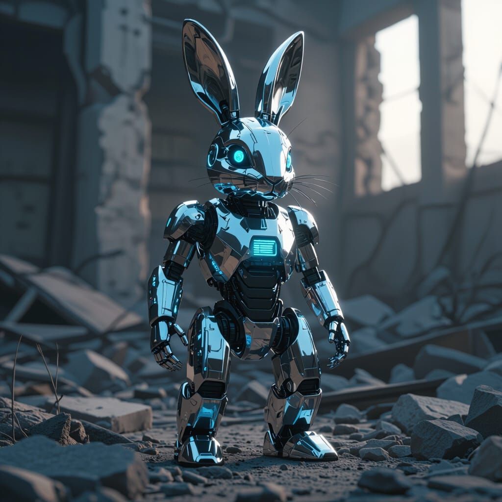 Futuristic Robot Rabbit in Ruins, Sci-Fi Art