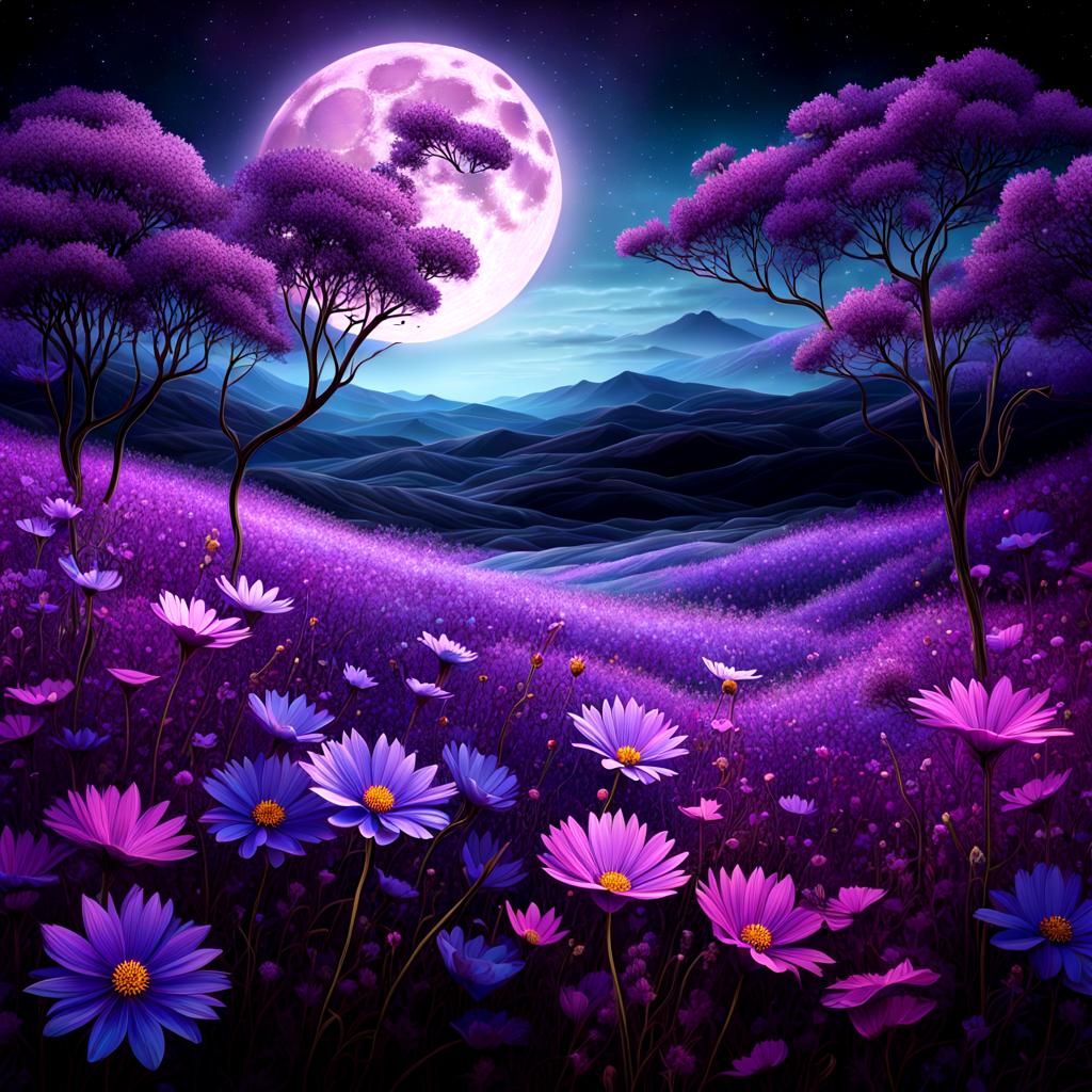 Purple Wildflower Field Under Full Moon: Astral Illustration