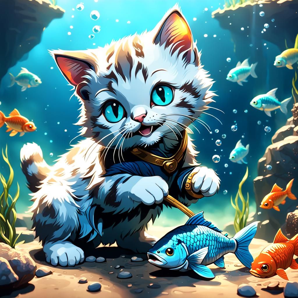 Cute Kitten Eating Fish in Detailed Fantasy Art