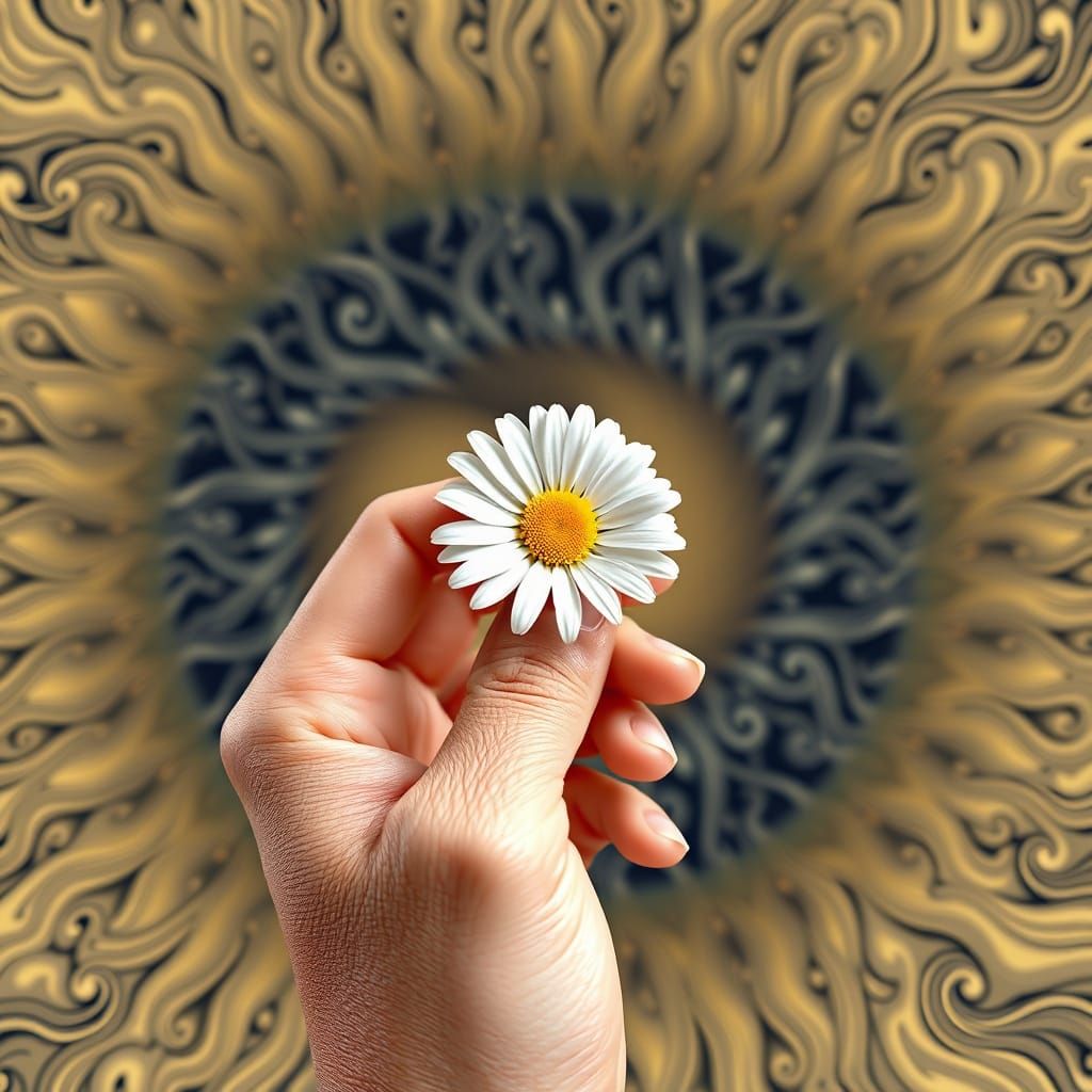 Hand Cradles Delicate Daisy in Ethereal Fractal Landscape