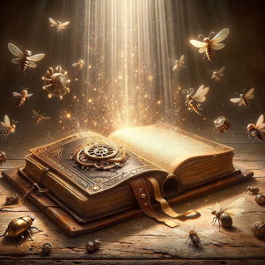 Steampunk Mechanical Insects Hover Over Enchanted Open Book