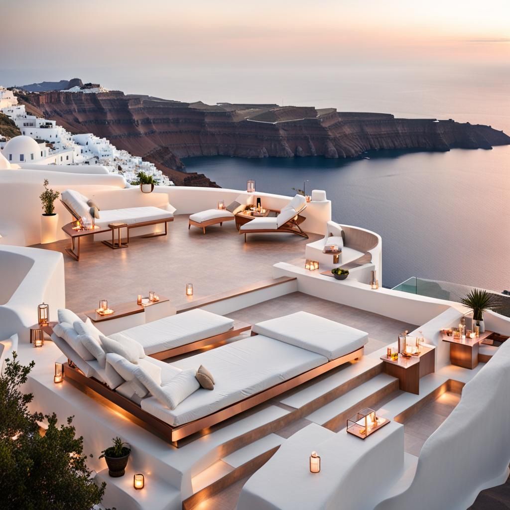 Modern Santorini Terrace with Rose Gold Accents