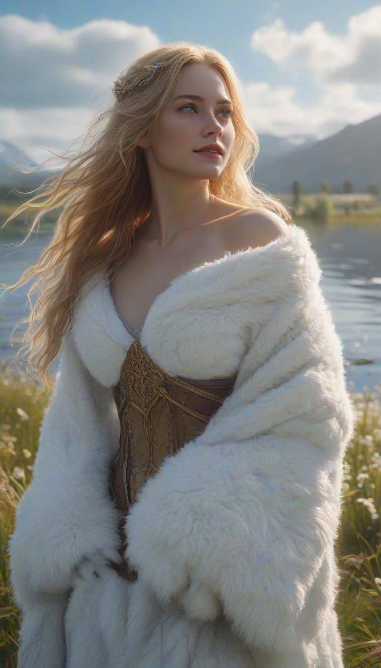 Norse Goddess Freya Standing by a Lake in a White Fur Blanke...