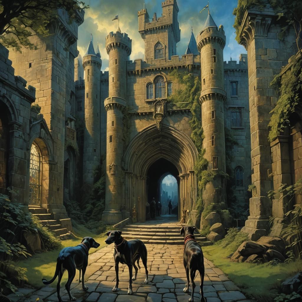 Irish Castle Tapestry with Hunting Greyhounds