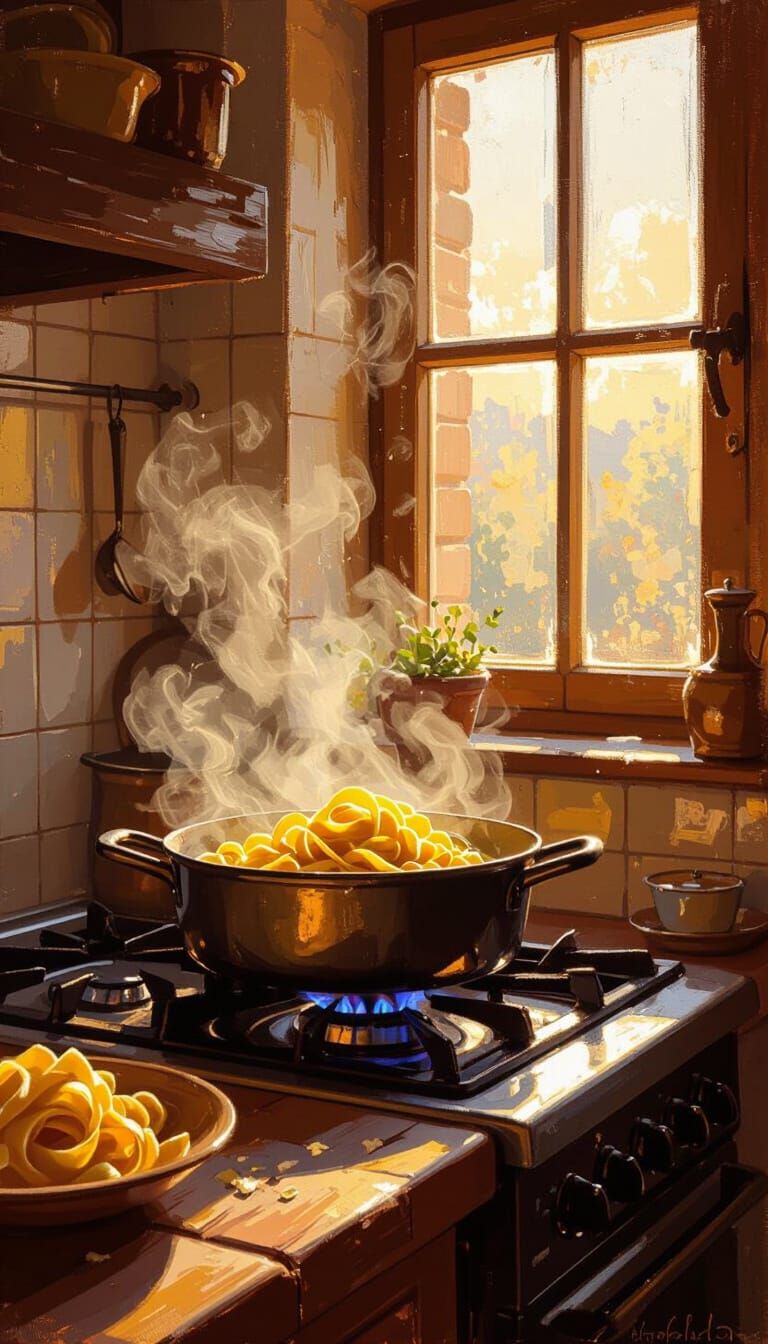 Warm Italian Kitchen Scene with Pasta in Golden Hour Light