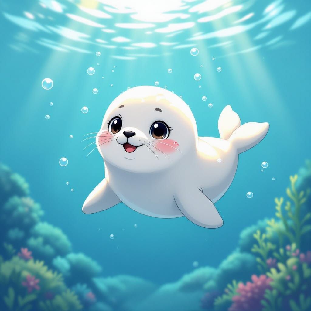 Cute Fluffy Kawaii Seal Swimming Underwater