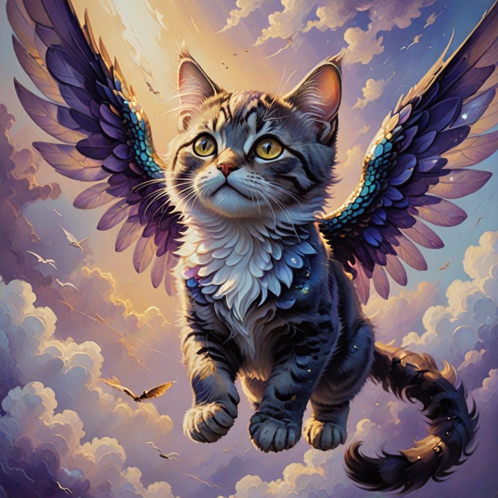 Winged Cat with Purple Scales in High Fantasy Style