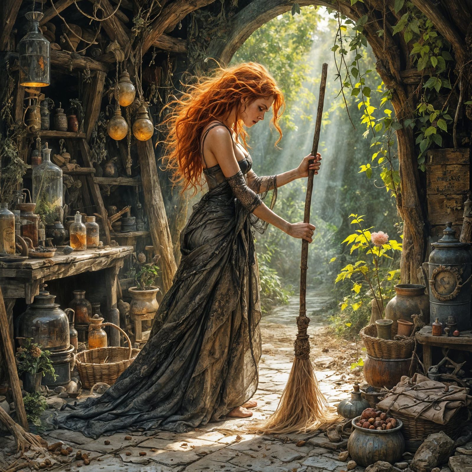 Ginger Witch Tiding Hut in Dark Fantasy Illustration