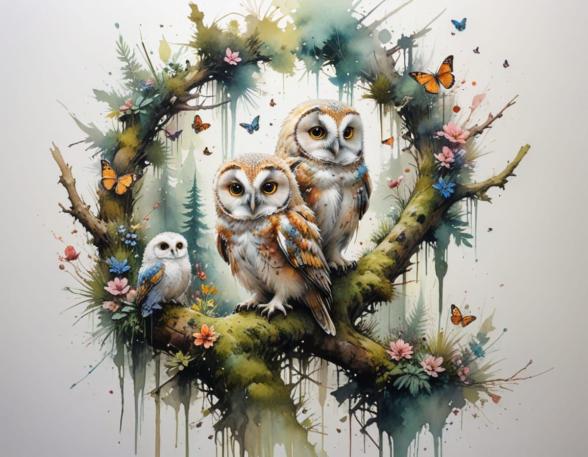Wise Owlets on Mossy Branch in Watercolor Garden