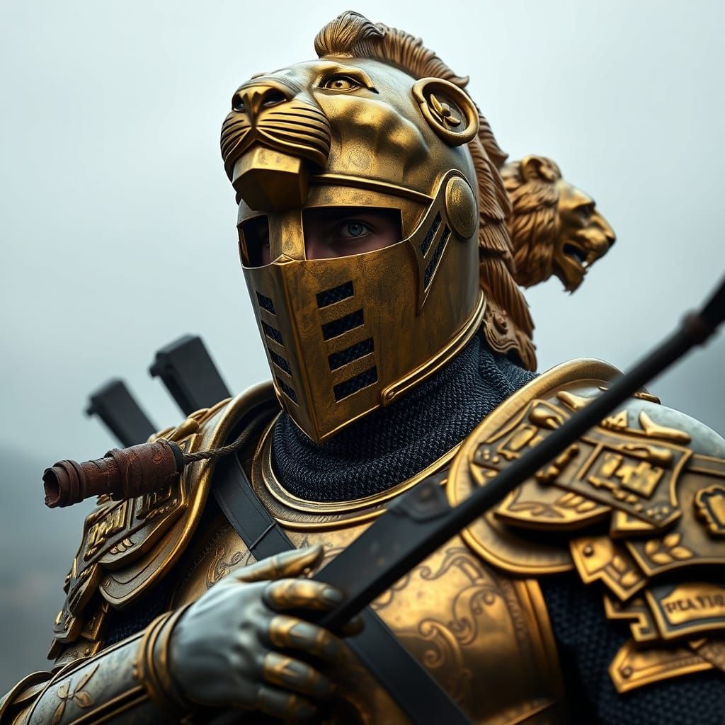 Hyper Realistic Knight in Golden Armor with Lion Carvings an...