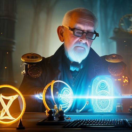 Steampunk Mage Working with Glowing Spell Glyphs