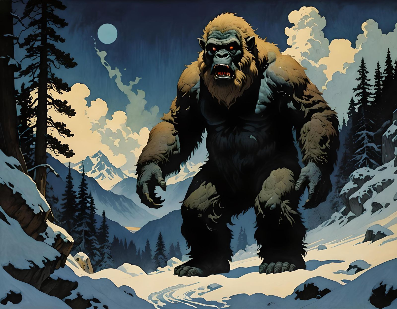 The Yeti in Maxfield Parrish Horror Style