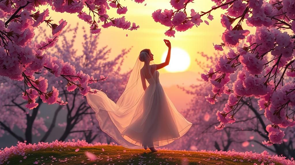Woman Dancing in Cherry Blossom Fantasy Scene