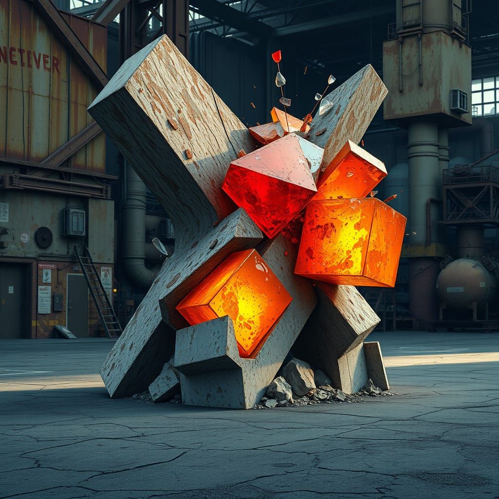 Abstract sculpture rusted steel beams, shattered glass and  ...