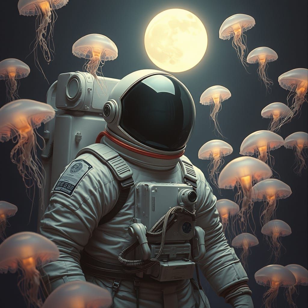 Astronaut Amidst Glowing Jellyfish in Futuristic Landscape