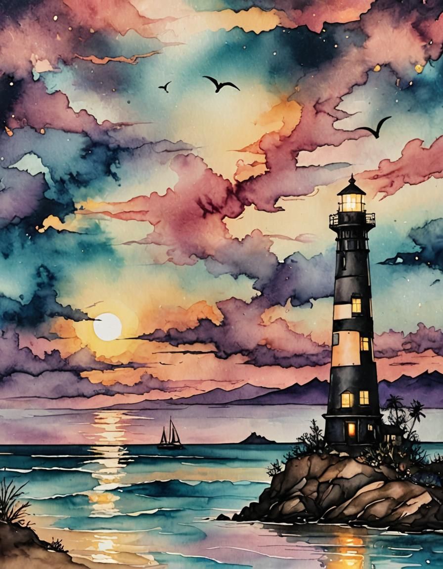 Sunset Beach with Lighthouse in Alcohol Ink Style