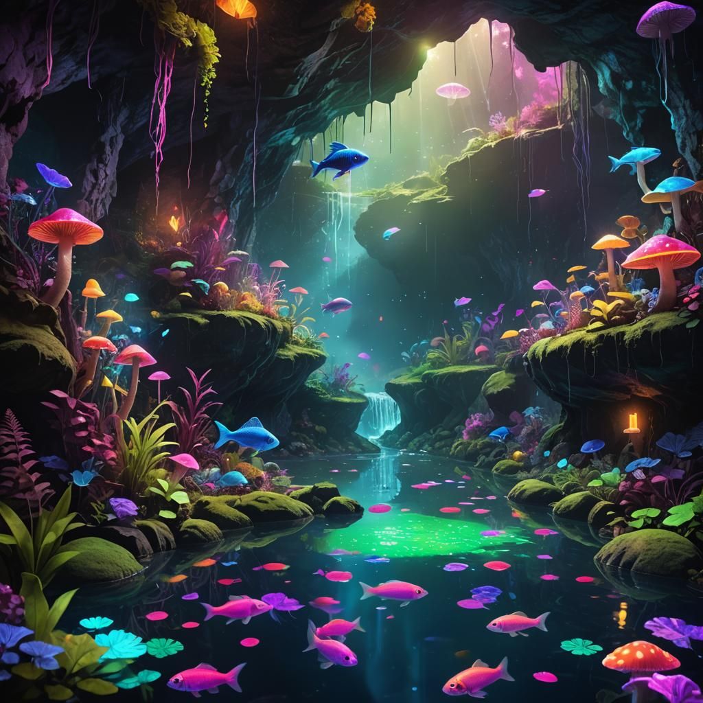 Glowing Pond in a Mystical Cave, Dark Fantasy Art