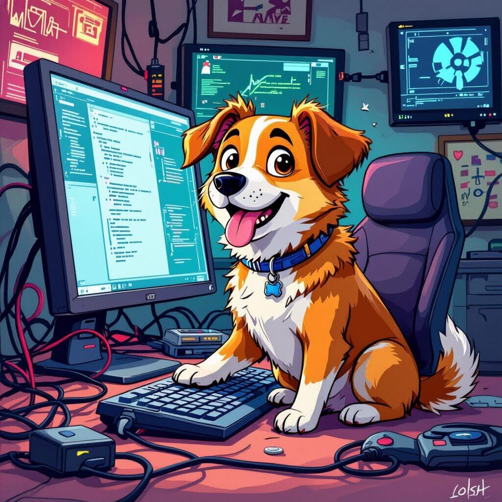 Cartoon Dog at Computer in Playful Style